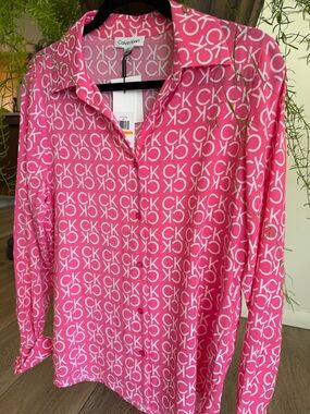 Calvin Klein Pink Logo-Print Button-Down Shirt